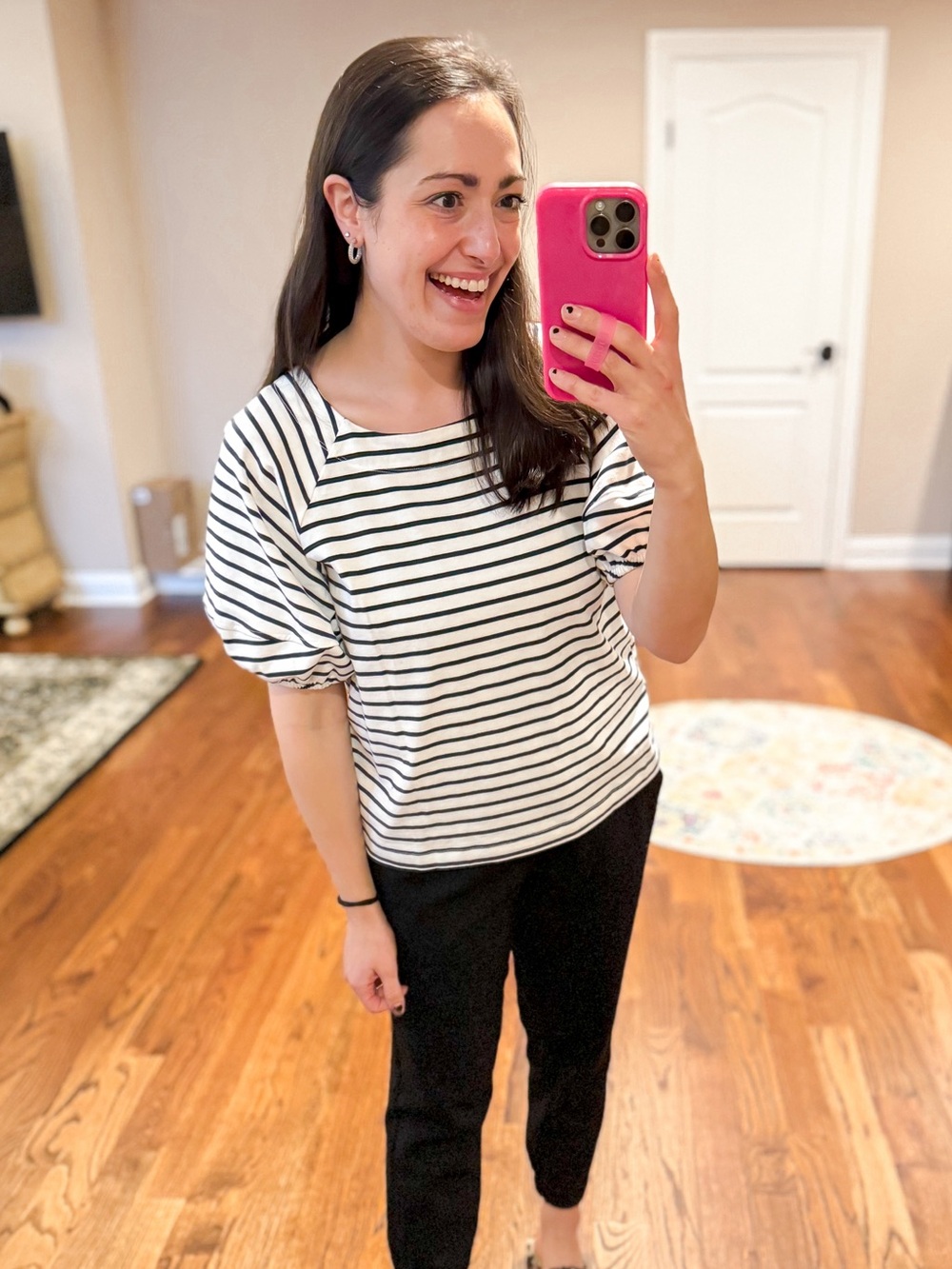 Striped Puff-Sleeve Short Sleeve Top in White and navy